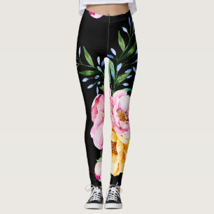 Flowers & Leafs Design On Black Leggings