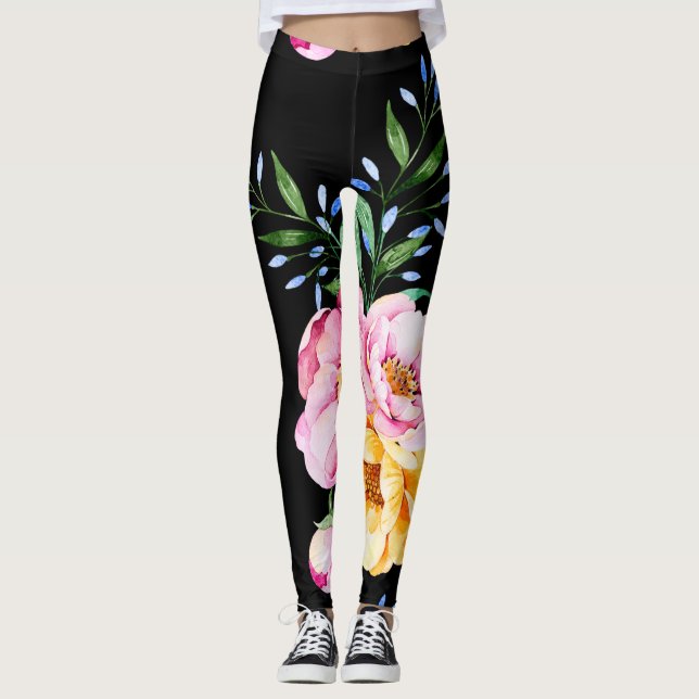 Flowers & Leafs Design On Black Leggings (Front)