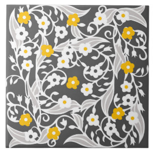Flowers, leaves, vines, grey, white, yellow ceramic tile