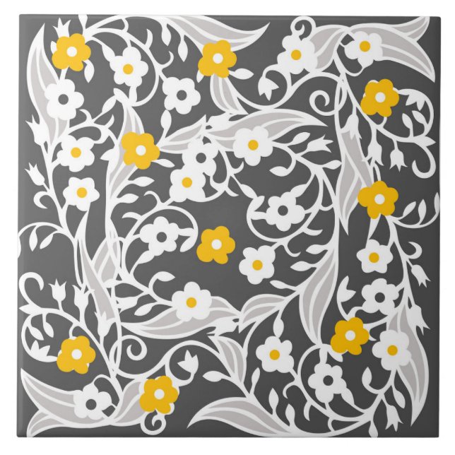 Flowers, leaves, vines, grey, white, yellow ceramic tile (Front)