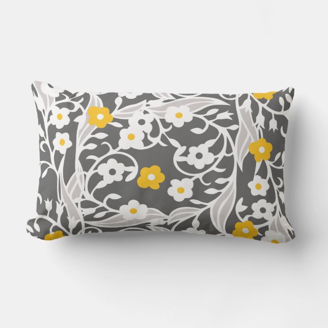 Flowers, leaves, vines, grey, white, yellow lumbar cushion (Front)