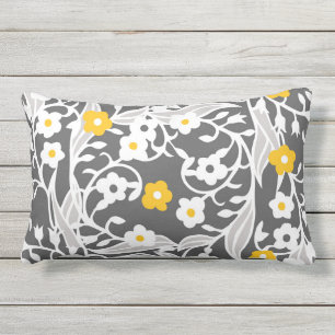 Flowers, leaves, vines, grey, white, yellow lumbar cushion