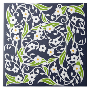 Flowers, leaves, vines, navy blue, white, green ceramic tile