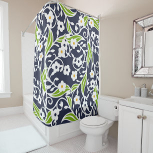 Flowers, leaves, vines, navy blue, white, green shower curtain