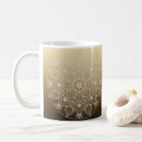 Flowers, Leaves, White Lace Floral Mandala on Gold
