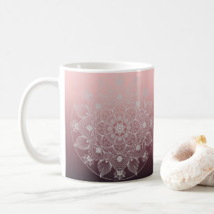 Flowers, Leaves, White Lace Floral Mandala on Pink Coffee Mug