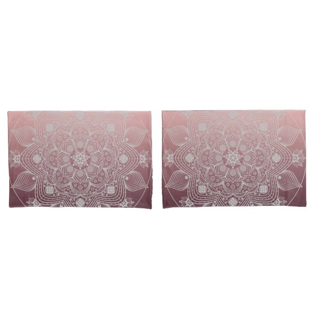 Flowers, Leaves, White Lace Floral Mandala on Pink Pillowcase (Front-Set)