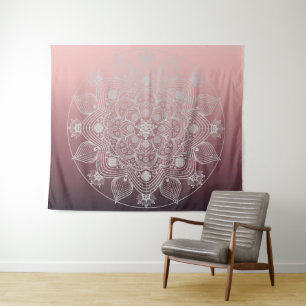 Flowers, Leaves, White Lace Floral Mandala on Pink Tapestry