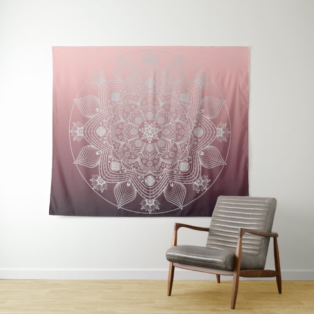 Flowers, Leaves, White Lace Floral Mandala on Pink Tapestry (In Situ (Horizontal))