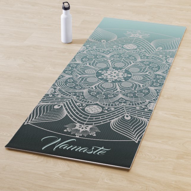 Flowers, Leaves, White Lace Floral Mandala on Teal Yoga Mat (In Situ)