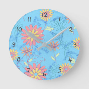 Flowers Light Blue Wall Clock