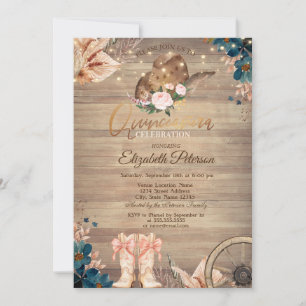 Flowers Lights Cowgirl Hat Boots Wood Quinceañera  Invitation
