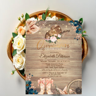 Flowers Lights Cowgirl Hat Boots Wood Quinceañera  Invitation