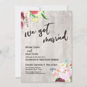 Flowers Lights Rustic Wood We Got Married Party Invitation