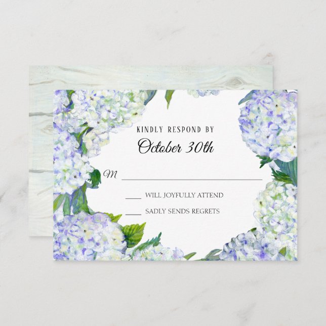 Flowers Lilac White Hydrangea w Wood RSVP Wedding Invitation (Front/Back)