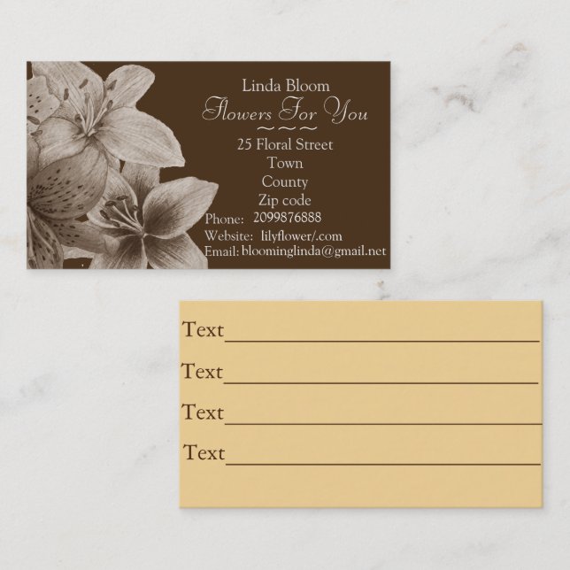 flowers Lilies original sepia art design florists Business Card (Front/Back)