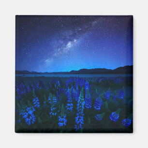 Flowers Lupines Blooming at Night Lake Tekapo Magnet