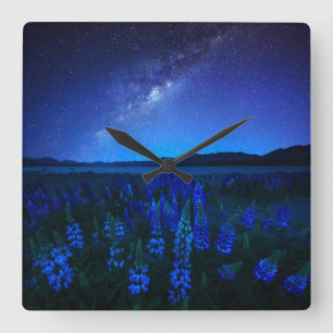 Flowers   Lupines Blooming  at Night Lake Tekapo Square Wall Clock