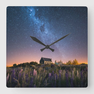 Flowers Lupines Blooming Lake Tekapo New Zealand Square Wall Clock
