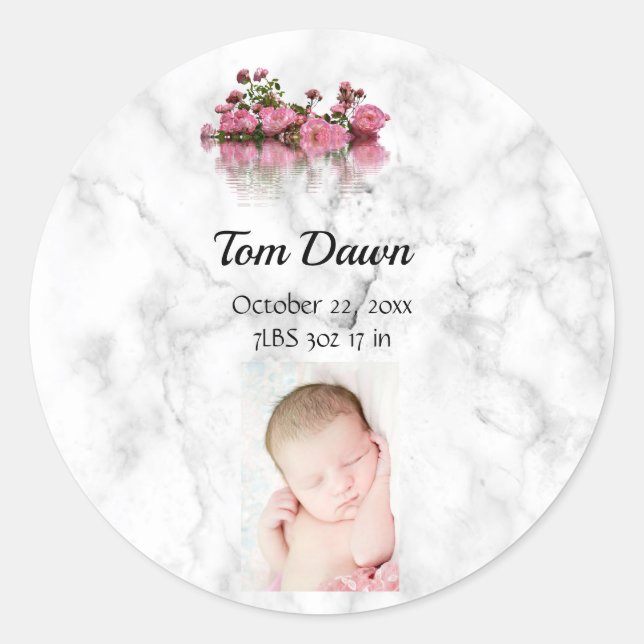 Flowers Marble Baby Birth Announcement Sticker (Front)