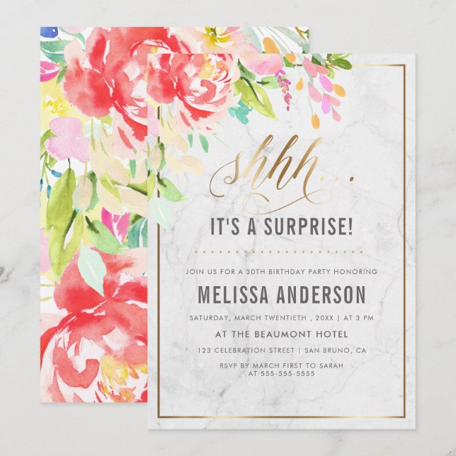 Flowers & Marble | Gold Surprise Birthday Party Invitation (Front/Back)