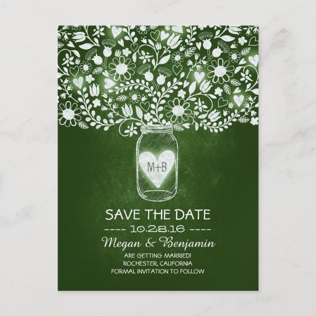 Flowers mason jar emerald save the date postcards (Front)