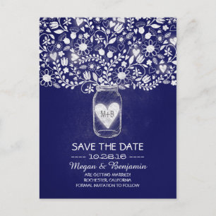Flowers mason jar royal blue save the date announcement postcard