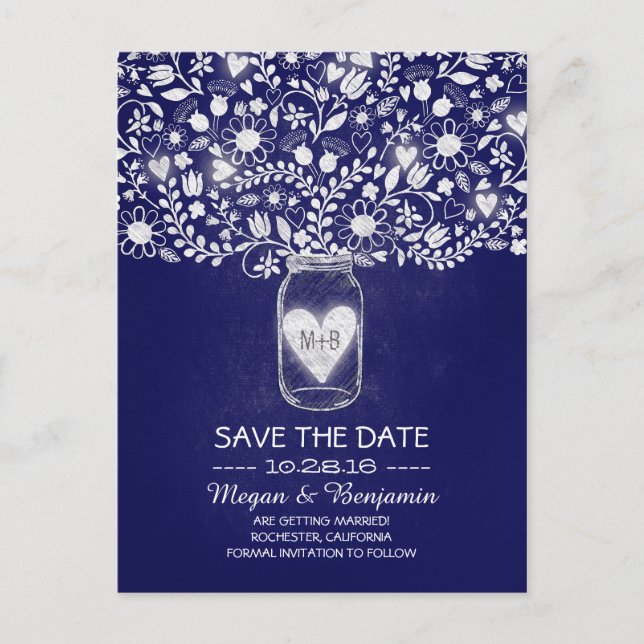 Flowers mason jar royal blue save the date announcement postcard (Front)