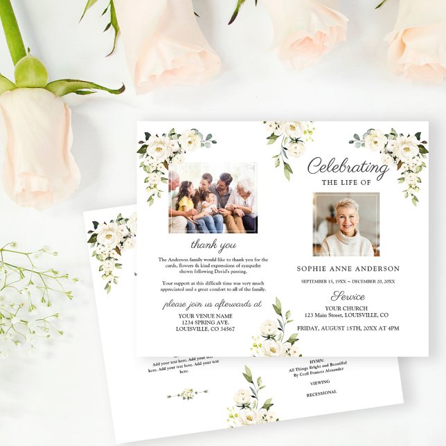 Flowers Memorial Funeral Service Photo Program (white flowers celebration the life, photos celebrating the life, trendy floral celebrating the life)