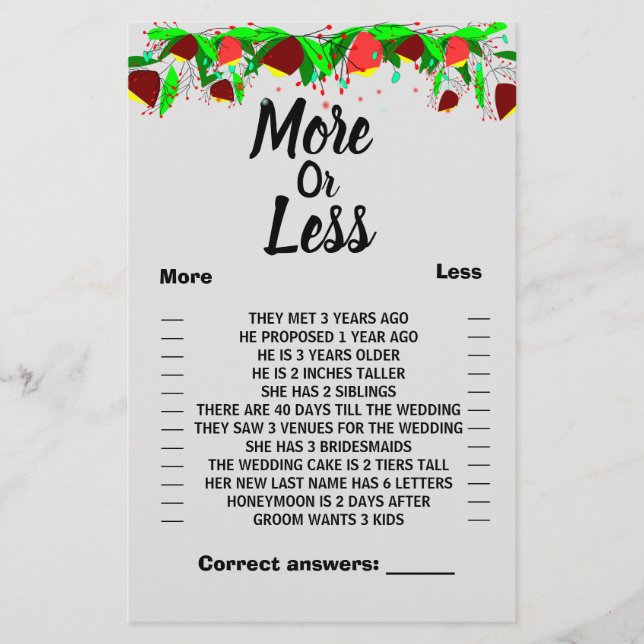 Flowers More or Less Couples, Shower Game Flyer (Front)