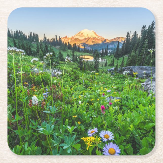 Flowers | Mount Rainier National Park Square Paper Coaster (Front)