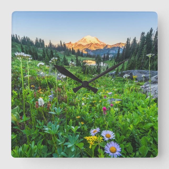 Flowers | Mount Rainier National Park Square Wall Clock (Front)