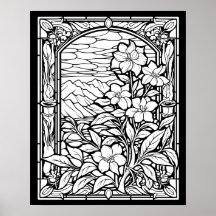 Flowers & Mountains Stained Glass Window Colouring