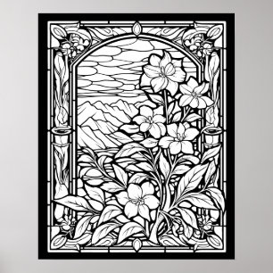 Flowers & Mountains Stained Glass Window Colouring Poster