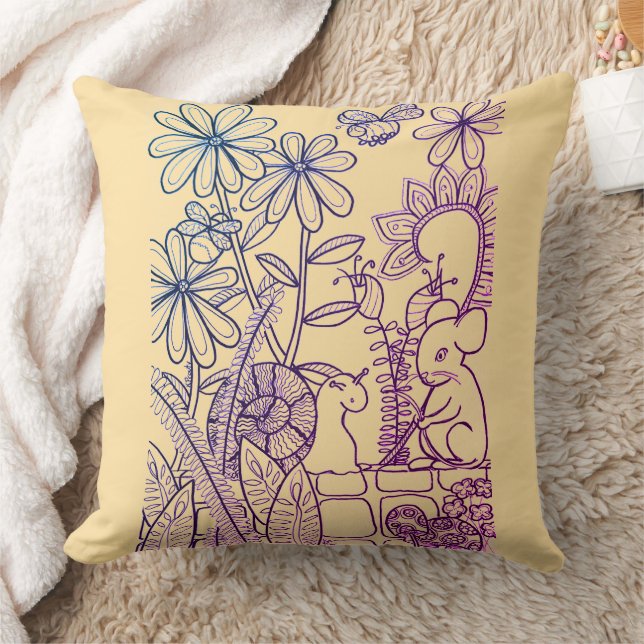 Flowers, Mouse and Snail and plaid back  Cushion (Blanket)