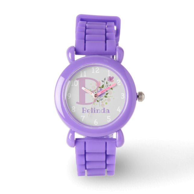 Flowers, Name & Initial on a Personalised Child's Watch (Front)