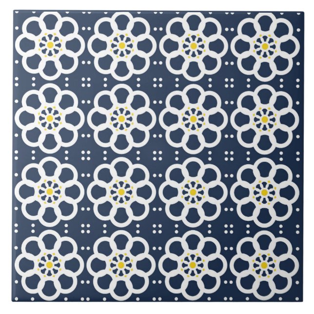 Flowers, navy blue, white, yellow accents, dots ceramic tile (Front)