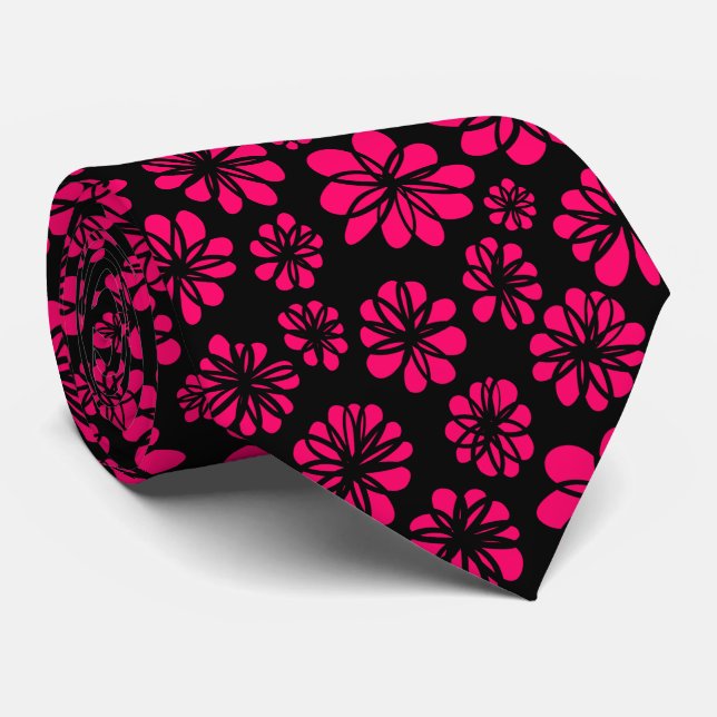 Flowers - Neon Red on Black Tie (Rolled)