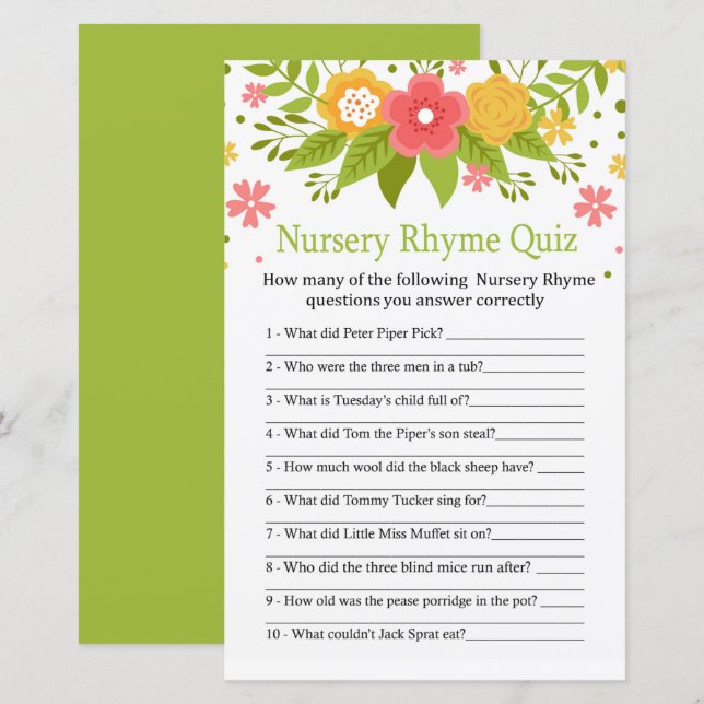 Flowers Nursery Rhyme Quiz baby shower game (Front/Back)