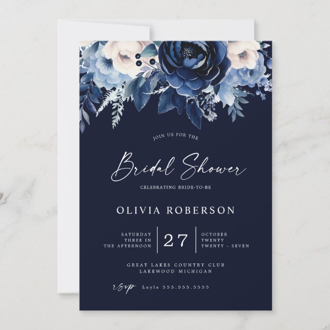 Flowers of Blue Wedding Bridal Shower White Invitation (Front)