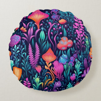 Flowers of the Sea - Aqua Flora Round Cushion