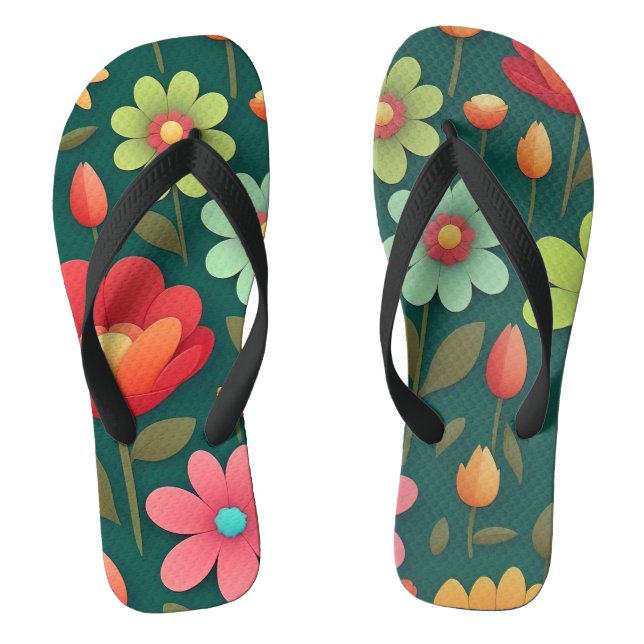 Flowers on a green background pattern thongs (Footbed)