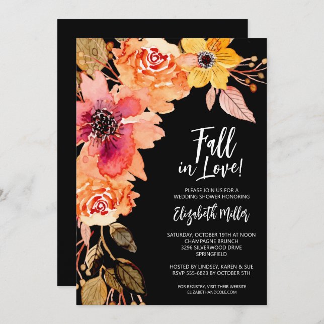 Flowers on Black Bridal Shower Invitations (Front/Back)