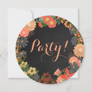 Flowers on Black Chalkboard Round Party Invitation