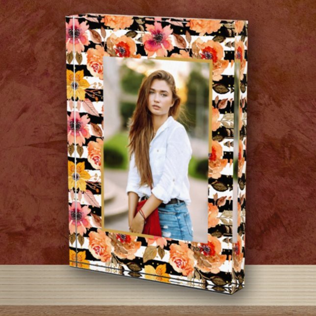 Flowers on Black White Stripes Gold Dots Custom Photo Block (Creator Uploaded)