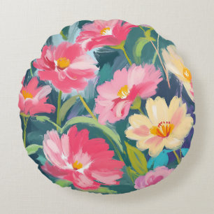 Flowers on Blue Round Cushion
