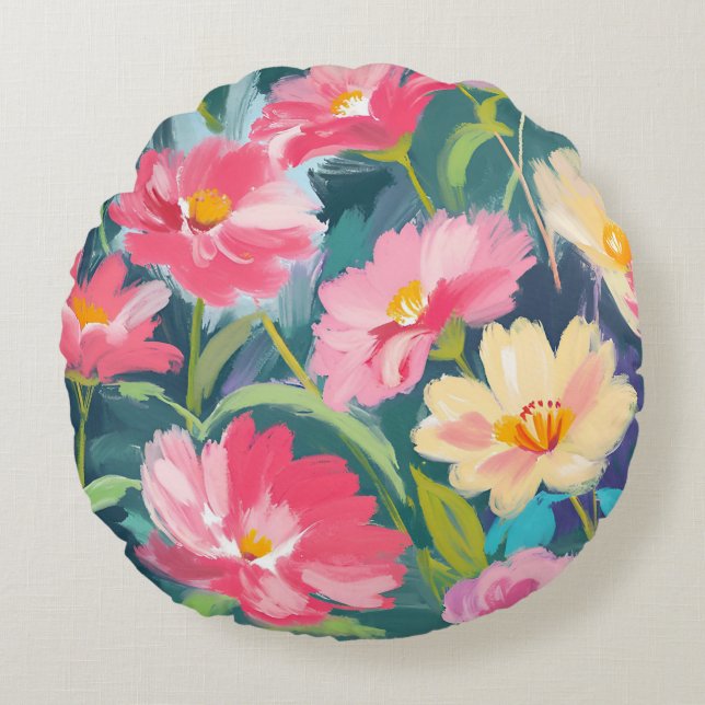 Flowers on Blue Round Cushion (Front)