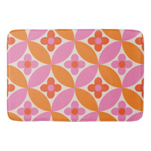 Flowers on Mid Century Pink Orange Circles Bath Mat