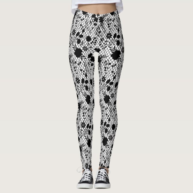 Flowers on net 01.wx4 Black BG Leggings (Front)