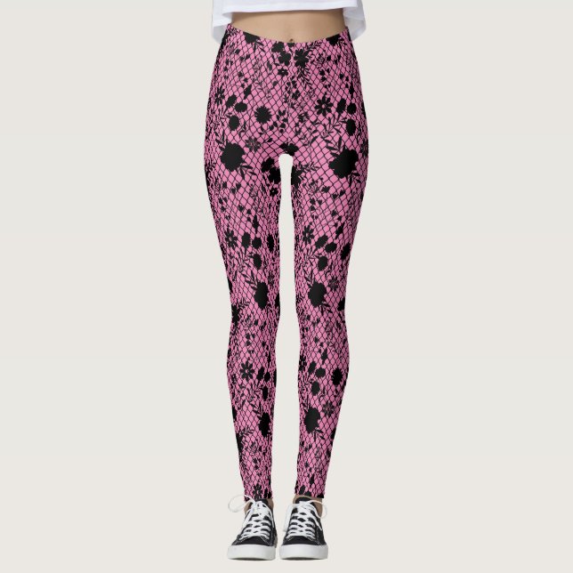 Flowers on net 01.wx4 Pink BG Leggings (Front)